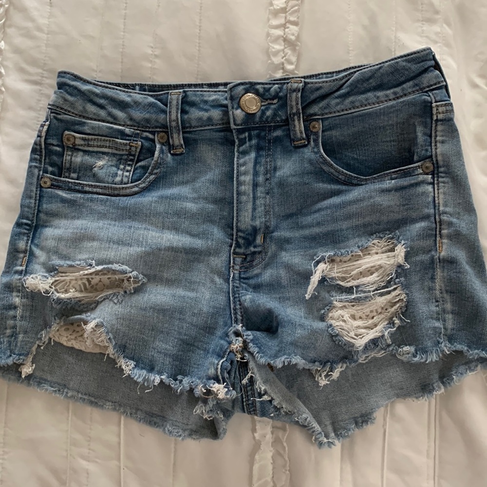 american eagle denim shorts with lace pockets